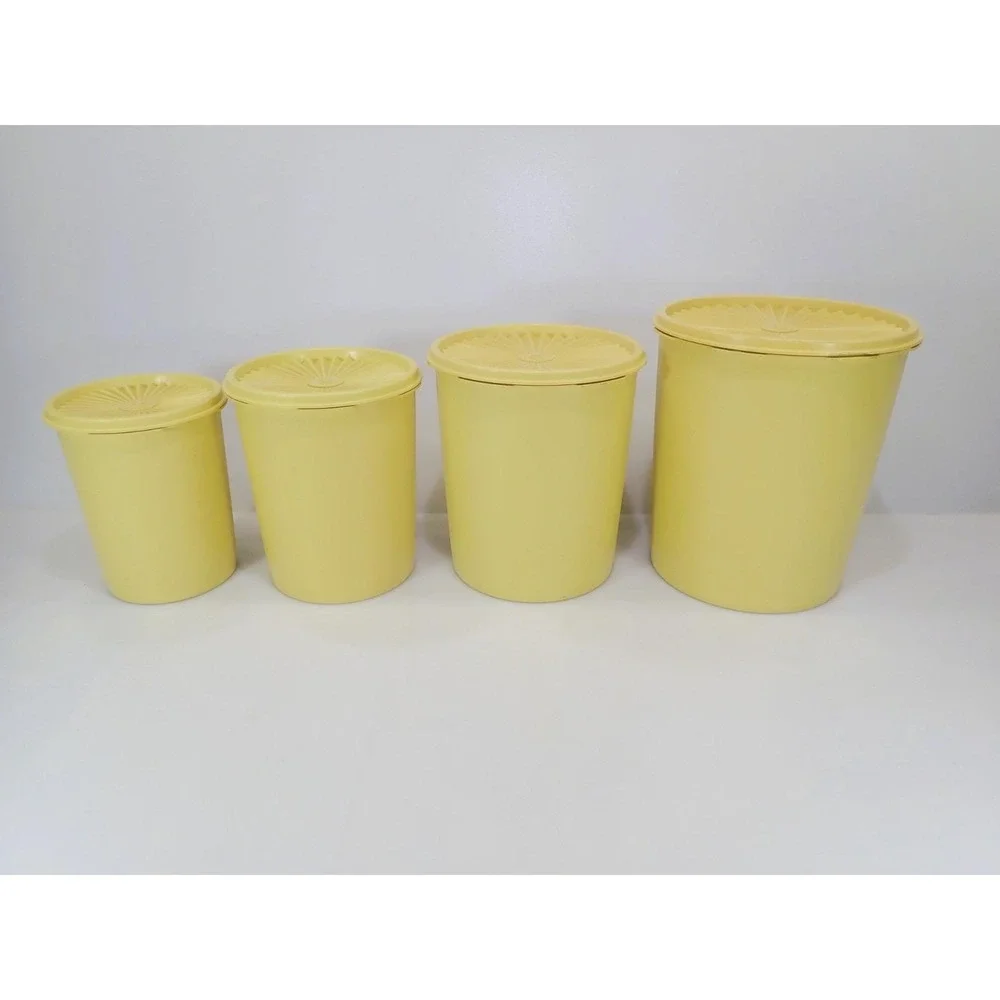 Vintage Tupperware Yellow Servalier Nesting Canister Set 4 Sunburst Starburst Li